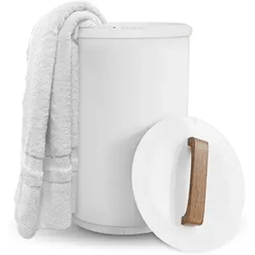 Heated Towel Warmers for Bathroom - Large Towel Warmer Bucket, Wood Handle, Auto Shut Off, Fits Up to Two 40"X70" Oversized Towels, White
