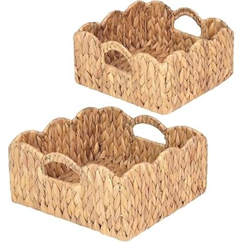Scalloped Baskets (Natural-Set of 2) Basket Living Room Organizer, Water Hyacinth Baskets For Decor, Woven Basket for Bathroom, Bedroom, Laundry. Hyacinth Storage Basket with Built-in Handles