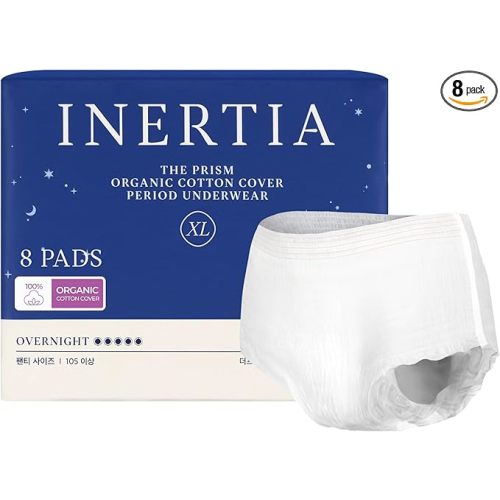 INERTIA Overnight Disposable Underwear – 100% Organic Cotton Cover with Dual Leak Locker Protection | Secure & Comfortable Fit, Unscented, Hypoallergenic, Postpartum Essentials (Size X-Large, 8 Count)