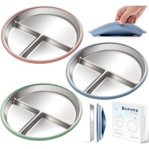 Stainless Steel Baby Plates with Suction, Divided Metal Toddler Plates with Removable Silicone Sleeves, Non-Slip Kids plates, BPA Free, Non-Toxic, Dishwasher Safe, 3 Pack