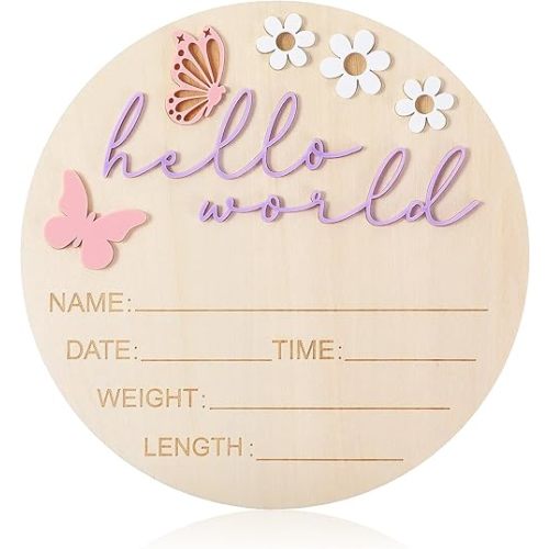 Hello World Newborn Sign, 5.9 Inch Wooden Baby Announcement Sign Pink Butterfly Style Birth Welcome Board for Newborn Boys Girls Photo Props Baby Shower Hospital Nursery (Purple)