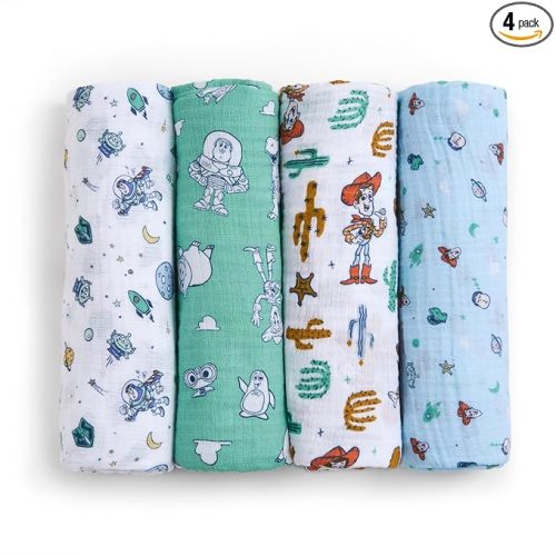 aden + anais Essentials Muslin Swaddle Blankets, Newborn Receiving Blanket for Swaddling, 100% Cotton Baby Swaddle Wrap, 4 Pack, Toy Story