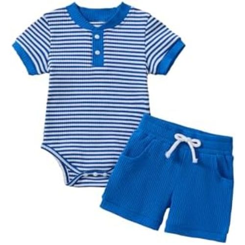 Baby Boy Clothes Ribbed Short Sleeve Striped Romper Top Solid Shorts with Pocket Baby Boy Summer Outfits 0-18M