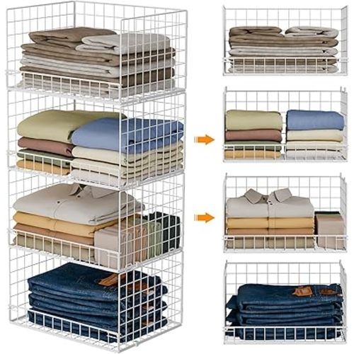 4-Tier Stackable Closet Organizers and Storage Basket, Foldable Closet Shelf Organizer System, Space-Saving Clothes Storage Drawer Organizer for Wardrobe, White (Patent Pending)