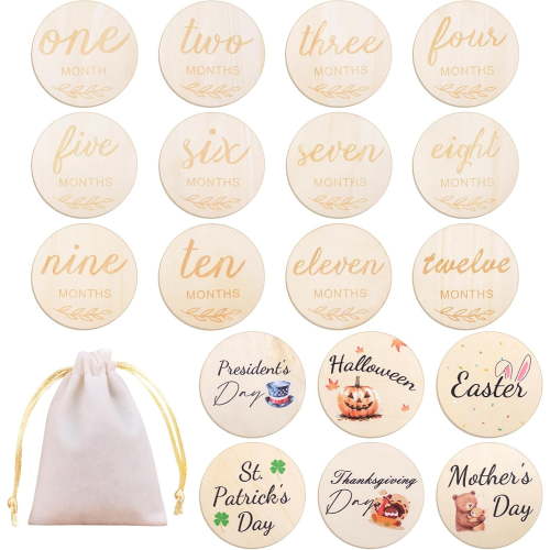 18Pcs Round Wooden Baby Milestone Set,Baby Monthly Milestone Marker Discs Baby Birth Party Decor Baby Growth Cards Photo Props for Baby Shower