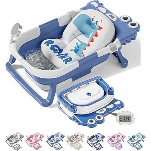 TPN Collapsible Baby Bathtub, Baby Bath Tub with Soft Cushion & Real-Time Thermometer, Baby Bathtub Infant to Toddler Tub (0-36 Months), Portable Travel Baby Tubs for Newborns (Blue)
