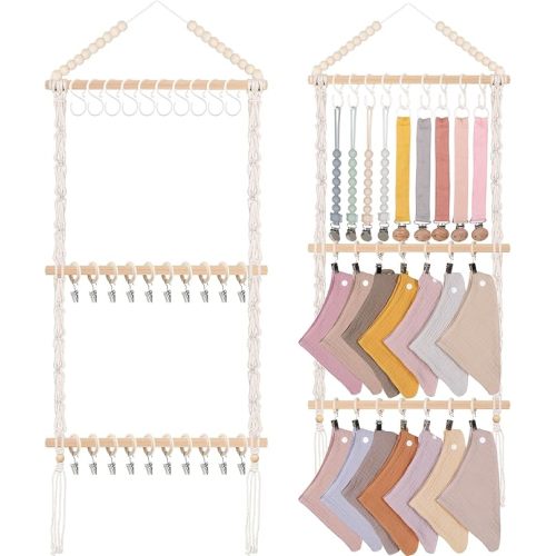 POVETIRE Pacifier Clip Holder Baby Bibs Organizer, Neutral Baby Bandana Drool Bibs Holder - Baby Burp Cloths Organizer Storage Hanging Wall Decor for Nursery Newborn Infant Girls and Boys Room