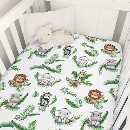 Baby Jungle Safari Animals Tropical Leaves Crib Fitted Sheet 52''x28'' Lion Hippo Elephant Giraffe Zebra Snug Fitted Crib Mattress Cover for Boy Girl Nursery Bed Sheets for Standard Toddler Mattress