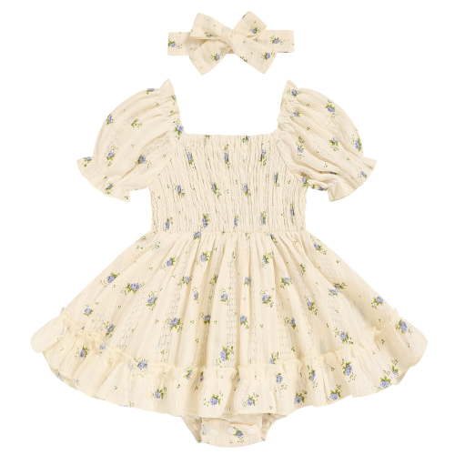 ZEHJUHAN Infant Girls Smocked Bubble Romper Dress Short Puff Sleeves with Matching Headband White and blue floral，3-6M