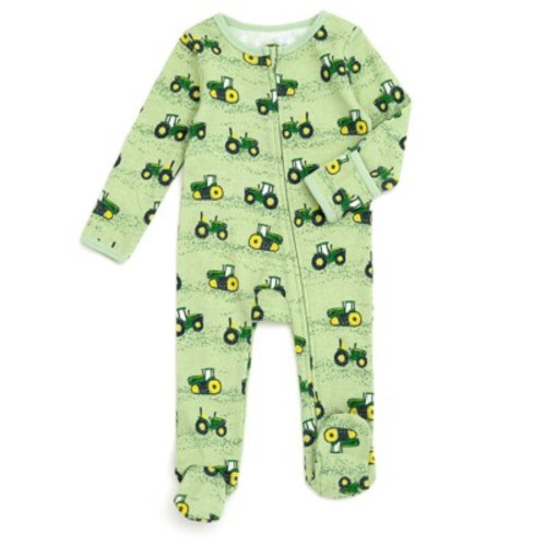 John Deere Baby Boys' Tractor Track Allover Print Zip-Up Footed Sleep N Play Light Green 0-3 Months