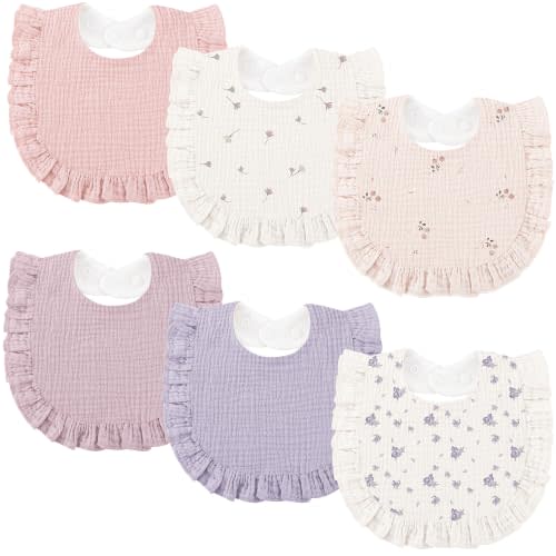 Bearmoss 6 Pack Baby Girl Bibs for Newborn, Muslin Bibs with Ruffle Trim | Soft Absorbent Bandana Bibs for Drooling and Teething, Essentials for Newborns