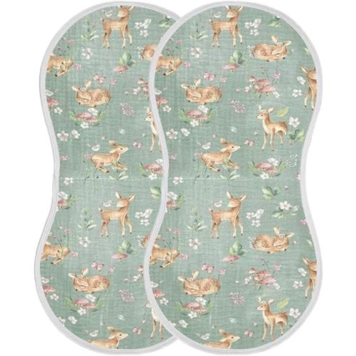 Baby Muslin Burp Cloths Set of 2 Woodland Fawn Muslin Washcloths Forest Animals Milk Spit Up Rags Soft Newborn Towel Burp Cloth Bib for Unisex Boys and Girls, 22 x 11 Inch