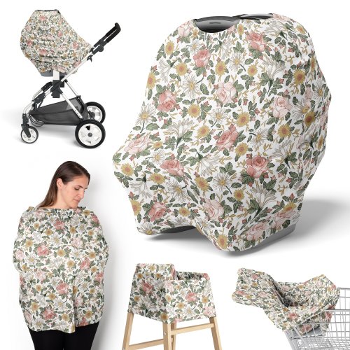 Sweet Jojo Designs Vintage Floral Boho Girl 5 in 1 Baby Car Seat Nursing Cover Pink Yellow Green Bohemian Shabby Chic Farmhouse
