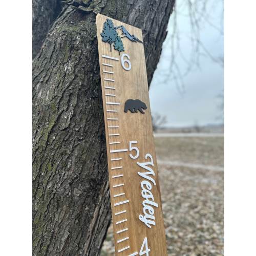 Deluxe Woodland Theme Personalized Family & Kids Growth Chart | Large Ruler 3d with Names| Fish - Bear- Deer- Mountains Nursery Decor