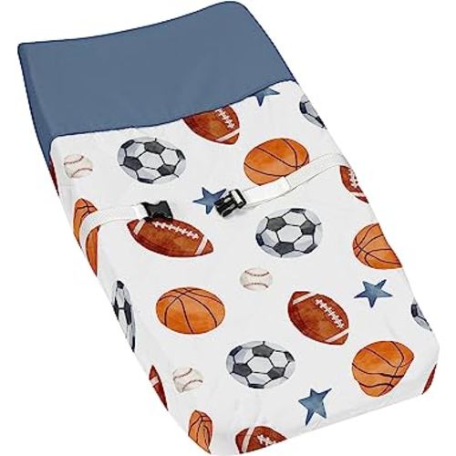 Sweet Jojo Designs Sports Theme Boy Baby Changing Pad Cover – Infant Newborn Diaper Table Change Mat Sheet - Watercolor Vintage Sport Themed Soccer Balls Football Baseball Basketball Blue Stars