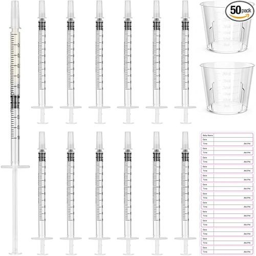 Syringes with Caps Kit, 50pcs 1ml Syringe, 2pcs 30ml Measuring Cup, 50pcs Adhesive Labels, for Colostrum, Pet Feeding, Scientific Labs