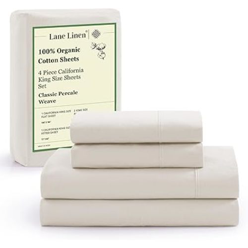 LANE LINEN 100% Organic Cotton California King Sheets Set, 4-Piece Pure Organic Cotton Long Staple Percale Weave Soft Best Bedding Sheets for Bed, Fits Mattress Upto 15" Deep - Glacier Grey