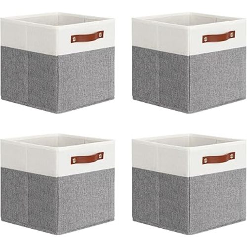 DULLEMELO 11x11 Storage Cubes, Collapsible Sturdy Cube Storage Bins With Handles for Organizing,Fabric Storage Cubes Baskets for Shelves Nursery Closet Home Organization and Storage (White&Grey)