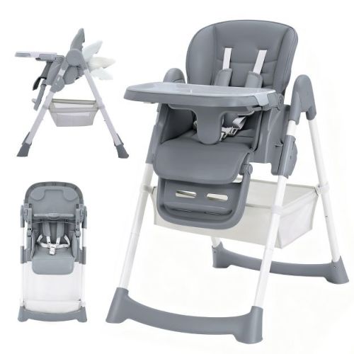Foldable Baby High Chair with 5-Point Harness - Adjustable Height, Removable Tray & Locking Wheels, PU Leather Portable Highchair (Dark Grey)