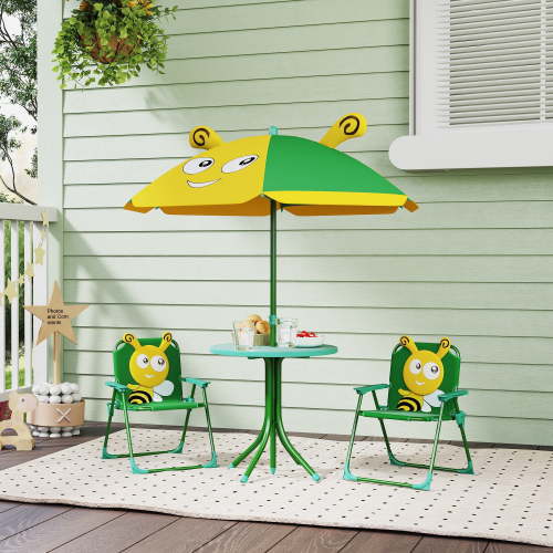 Qaba Kids Picnic Table and Chair Set, Bee Pattern Outdoor Activity Table with Foldable Chairs, Height Adjustable Umbrella for Backyard, Garden, Green