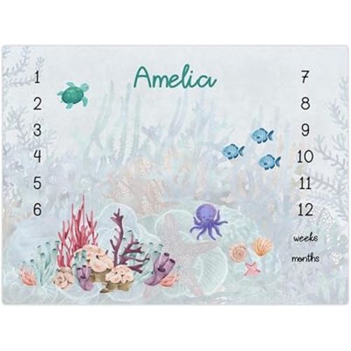Personalized Pastel Ocean Baby Milestone Blanket, Monthly Growth Blanket for Newborn Photos, Under The Sea Coral Reef Baby Photo Prop, Perfect Babies Shower Gift for Boy Or Girl, Soft Fleece Material