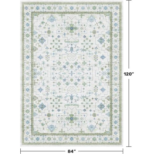 Hazo Haus Blue and Green Living Room Rug 7x10 - Cream Oushak Vintage Boho Floral Farmhouse, Washable Low Pile Non-Slip Extra Large Area Rugs for Bedroom, Kids, Lounge