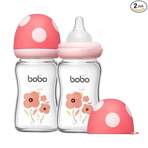 YOHKOH Natural Glass Baby Bottle with Level 1 Slow Flow Nipple, Newborn Anti-Colic Baby Bottles, Wide Neck Mushroom Baby Glass Bottle ((5.4oz (Pack of 2), Red-1)