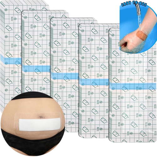 12 Pcs Long Waterproof Shower Bandages for Abdominal Wounds C-Section,Abdominal Incision Clear Bandages with Center Pad,Stretch Film Adhesive Bandages,C-Section Scar Strips Island Dressing (4x8in)