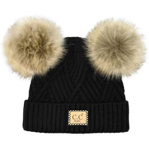 C.C Kids' Babies' Soft Stretch Cable Knit Faux Fur Pom Pom Beanie Hat