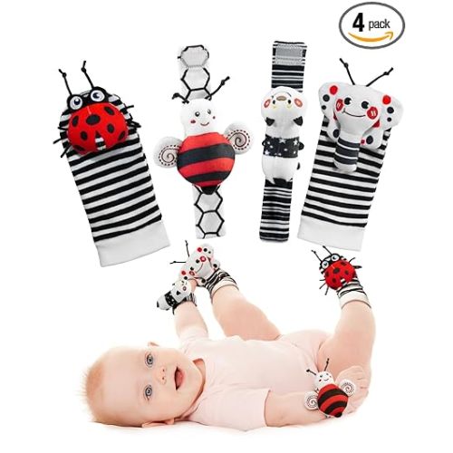 Infinno High Contrast Baby Toys Infant Rattle Socks and Wristband Set, Ideal Baby Sensery Toy Gifts for Newborn 0-12 Months, Perpect Black and White Toys for Boys and Girls As Baby Shower Gifts