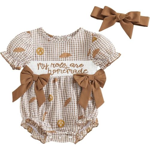 FIOMVA Toddler Baby Girl Clothes Summer Smocked Bubble Romper Embroidery Onesie Short Sleeve Bodysuit Cute Outfits