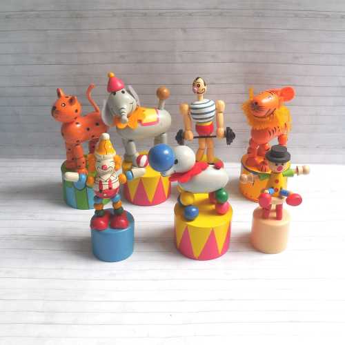 Circus Selection  -  Push Puppet - Press Up Toy - Wakouwa Wood - Novelty - Carnival - Clown Tiger Lion Monkey Sealion Elephant