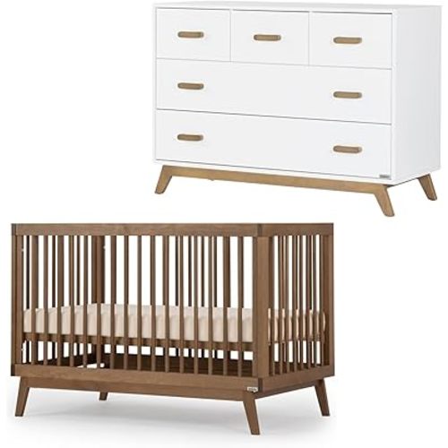 dadada Soho Baby Nursery Furniture Set. Baby Crib and Dresser Set Combo. Soho 3-in-1 Convertible Crib and Matching 5 Drawer Dresser. Walnut Beechwood