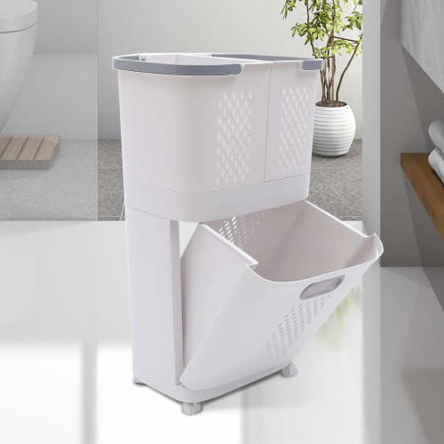 Rolling Laundry Hamper, 3-tier Movable Laundry Basket Household Bathroom Split Clothes Storage Basket, Removable Storage Buckets, 14.56 x 9.65 x 29.13 Inches Off-white