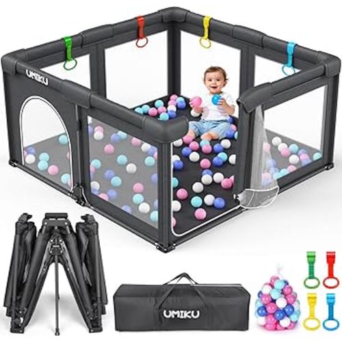Baby Playpen Foldable Playpen for Babies and Toddlers, Large Playpens Portable Play Pen with 2 Doors Play Yard for Kids Fence Indoor Outdoor 4 Handlers 50 Balls Baby Gifts Essentials 50"X50" Dark Grey