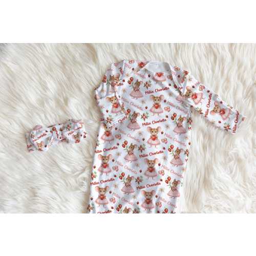 PERSONALIZED BABY GIRL Swaddle Blanket, Woodland Mouse Swaddle Bow Headband, Infant Girl Cute Strawberry Mouse Swaddle Gown Baby Shower Gift