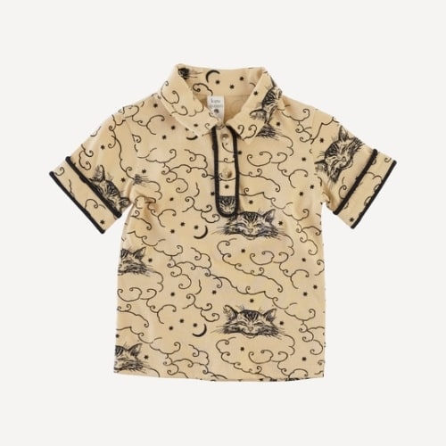 short sleeve piped polo tee | black cheshire cat | organic cotton jersey