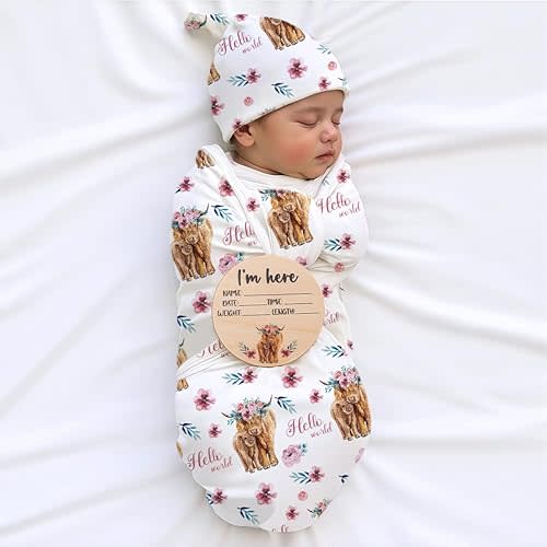 Ylsteed Baby Highland Cow Swaddle Blanket and Headband Set, Newborn Receiving Blanket Swaddle Wrap for Girls and Boys, Swaddling Blankets Neutral for Newborn 32 * 32 in (Highland Cow Pink)