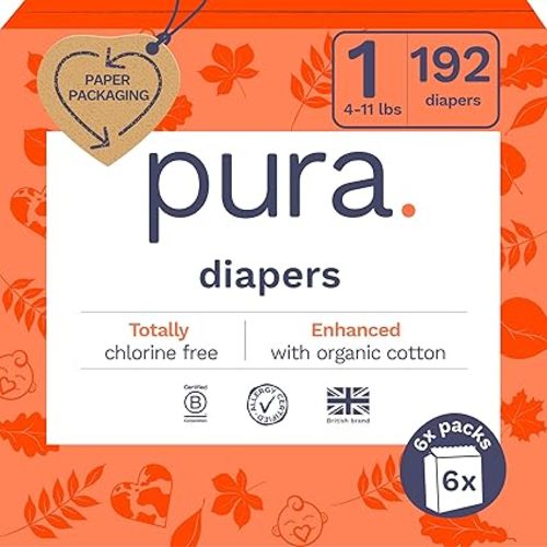 Pura Hypoallergenic Diapers, Size 1 (4-11 lbs), Monthly Pack, Totally Chlorine Free, Wetness Indicator, Suitable for Sensitive Skin, Soft Cotton Comfort, Overnight, 6 Packs of 32 (192 Baby Diapers)