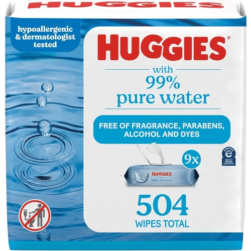 Huggies 99% Pure Water Baby Wipes, Unscented, 9 flip-top packs (3 Packs of 3), 504 Wipes Total, Packaging May Vary