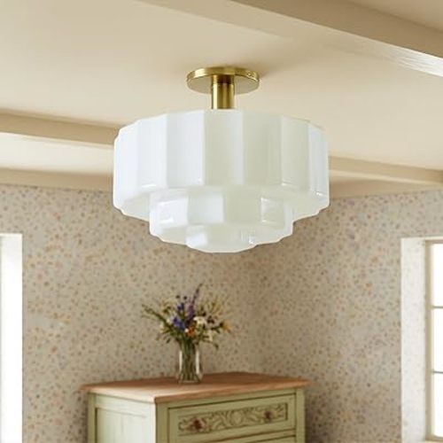 Milk Glass Ceiling Light Fixture - 13.7'' Antique Gold Semi-Flush Mount Ceiling Light for Bedroom, Foyer, Living Room, Bar Counter, Includes 3X E12 Bulbs (White 13.7 inch)