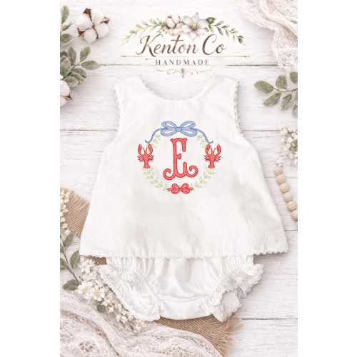 Embroidered Crawfish Monogram Bubble Romper | Southern Baby Girl Crawfish Outfit