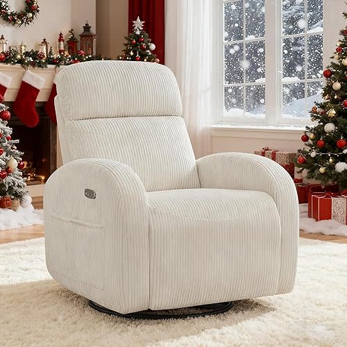 Power Nursery Glider Recliner, Swivel Glider Recliner with USB & Type-C Port, Swivel Reclining Nursery Rocker with Double Pockets for Living Room, White,Corduroy