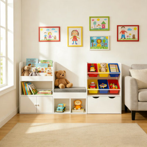 Latitude Run® Kids’ Toy Organizer With Bench, Bookshelf And 6 Plastic Bins | Wayfair