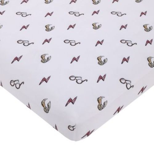 NoJo Warner Bros. Harry Potter White, Red, and Gold Lightning Bolt, Golden Snitch and Glasses Nursery Fitted Mini Crib Sheet