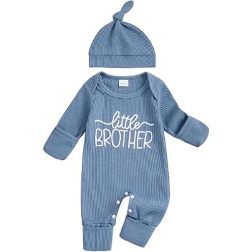 Newborn Baby Boy Fall Outfit Romper Little Brother Lil Bro Long Sleeve Jumpsuit Bodysuit Cute Infant Waffle Clothes