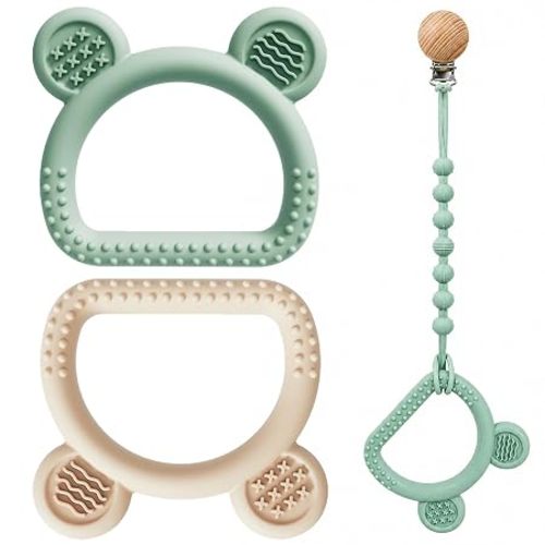 3-Pack Baby Teething Toys with Anti-Drop Clip, Infant Silicone Teether Ring