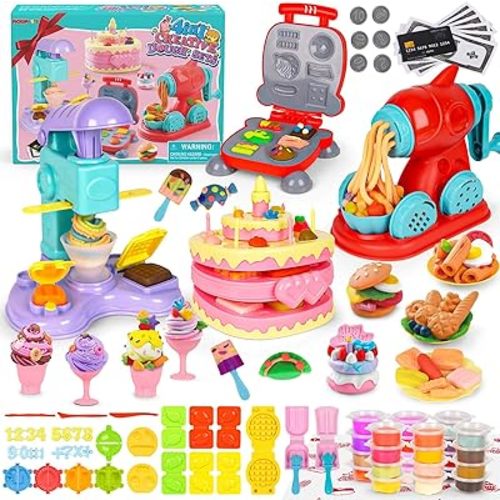 4-in-1 Playdough Sets for Kids 2-4-8 Ultimate 87 PCS Play Dough Tools, 24 Clay Creative Kitchen Set Ice Cream Hamburger Cake Noodle Maker Arts Crafts Food Toys Gifts for Boy Girl Kids Age 3 4 5 6