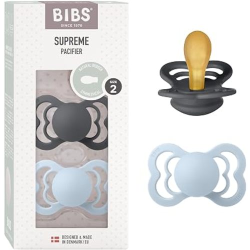BIBS Pacifiers - Supreme Collection | BPA-Free Symmetrical Nipple | Natural Rubber Latex | Made in Denmark | Set of 2 Iron/Baby Blue Color Premium Soothers | Size 6-18 Months