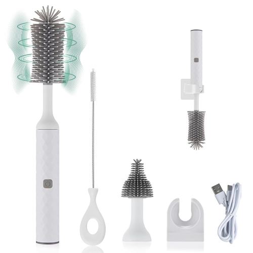Rechargeable Electric Bottle Brush Cleaner Set with 3 Piece Silicone Baby Bottle Brush Cleaner and Straw Cleaner Brush,BPA Free,Waterproof,Perfect Baby Registry Gift,White